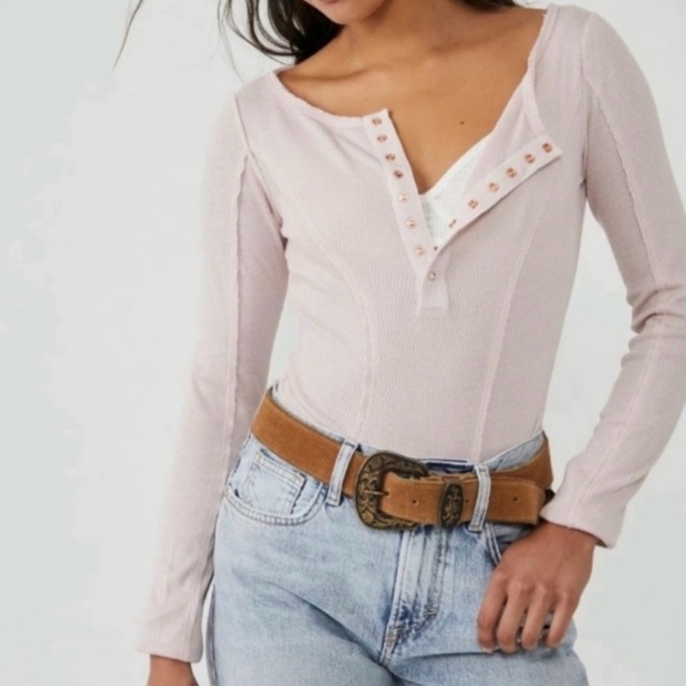 Free People Light Pink Button-Front Sloane Bodysuit